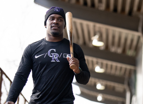 A.J. Lewis, MSA graduate, wears Colorado Rockies shirt on the baseball diamond.